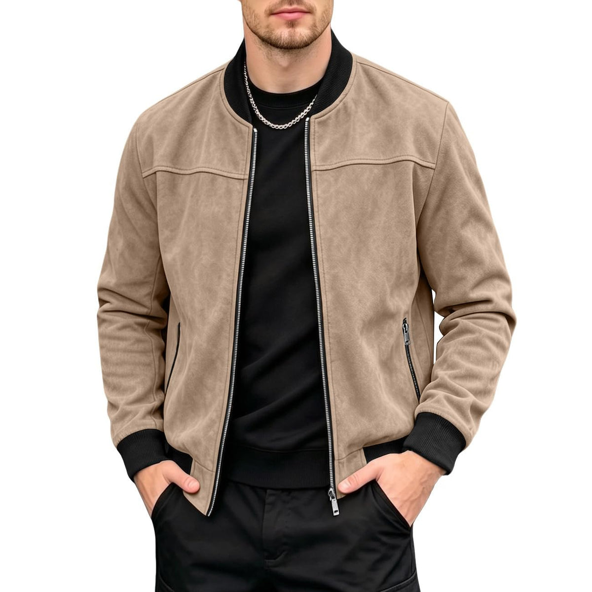 Men's Lightweight Suede Bomber Jackets Casual Full Zip Coat