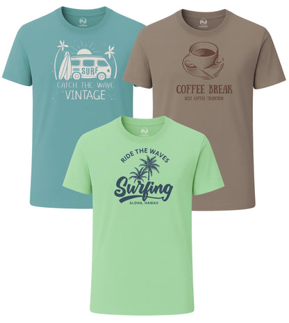 3 Pack Men's Graphic Short Sleeve Crewneck T-Shirts, 100% Cotton Casual Round Neck Printed Tees