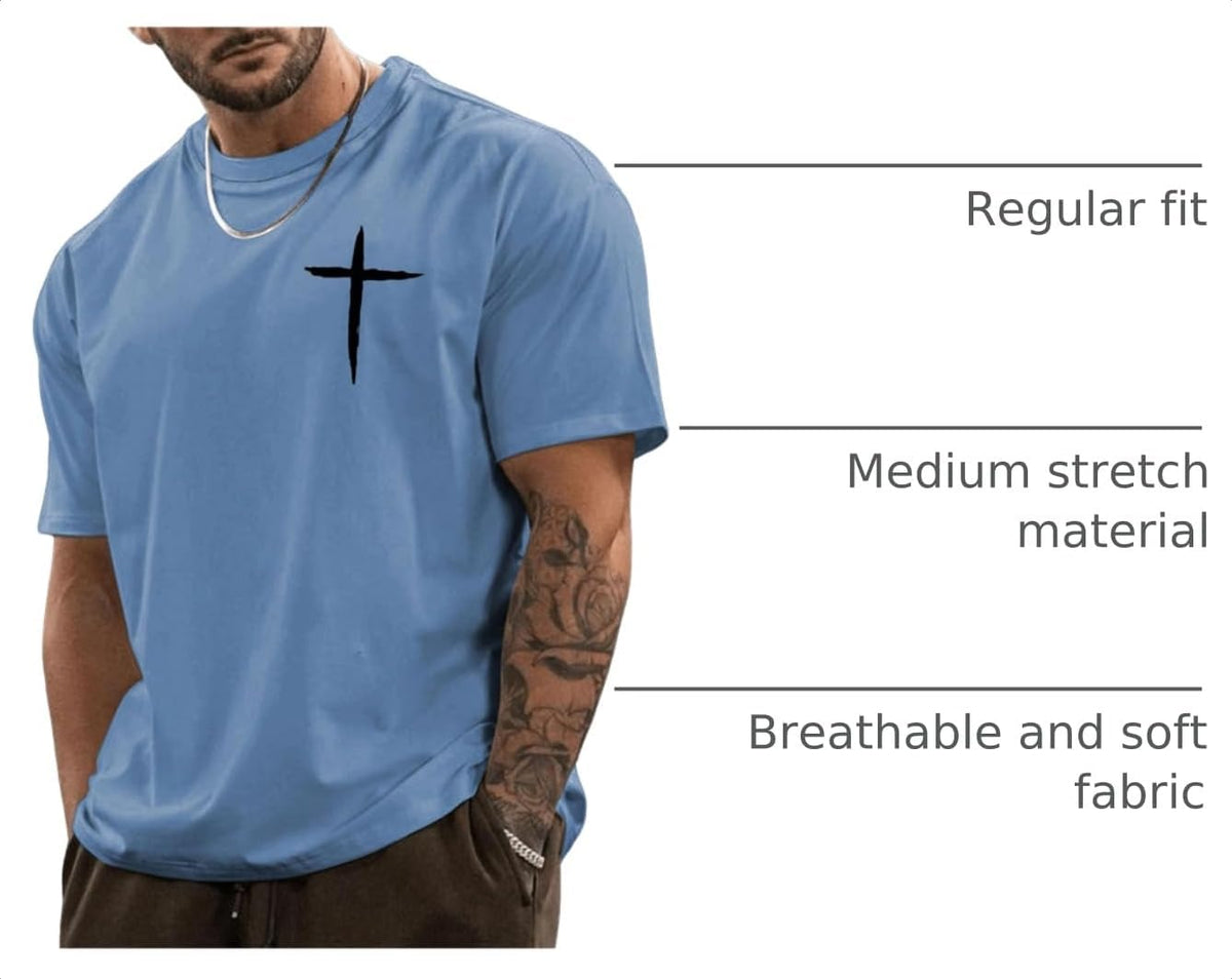 BEAUDRM Men's Plus Size Cross Graphic Tee Short Sleeve Regular Fit T Shirt