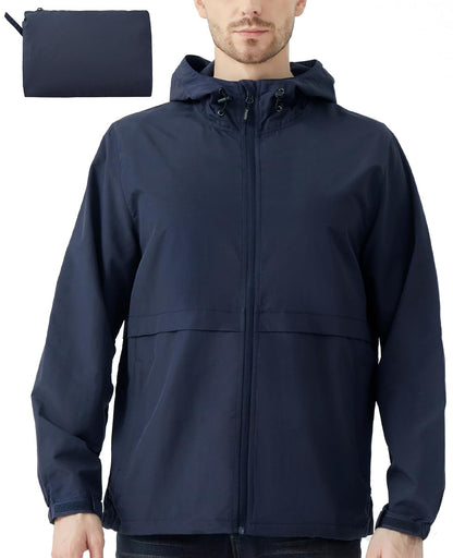 Men's Lightweight Jacket Windbreaker Packable Hooded Raincoat for Hiking Outdoor with Zippered Pocket
