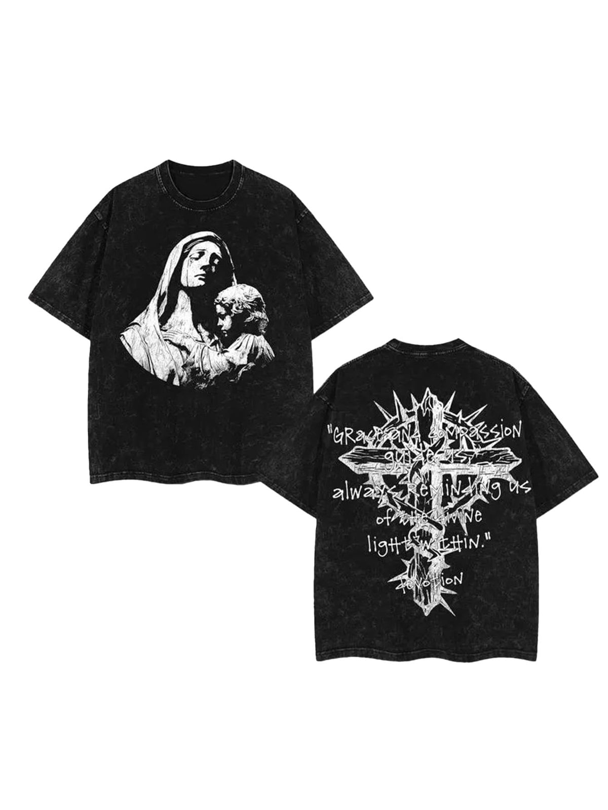 Men's Oversized Heavyweight T-Shirt Acid Wash Graphic Tee Heavyweight Cotton Streetwear Retro Angel Cross Print