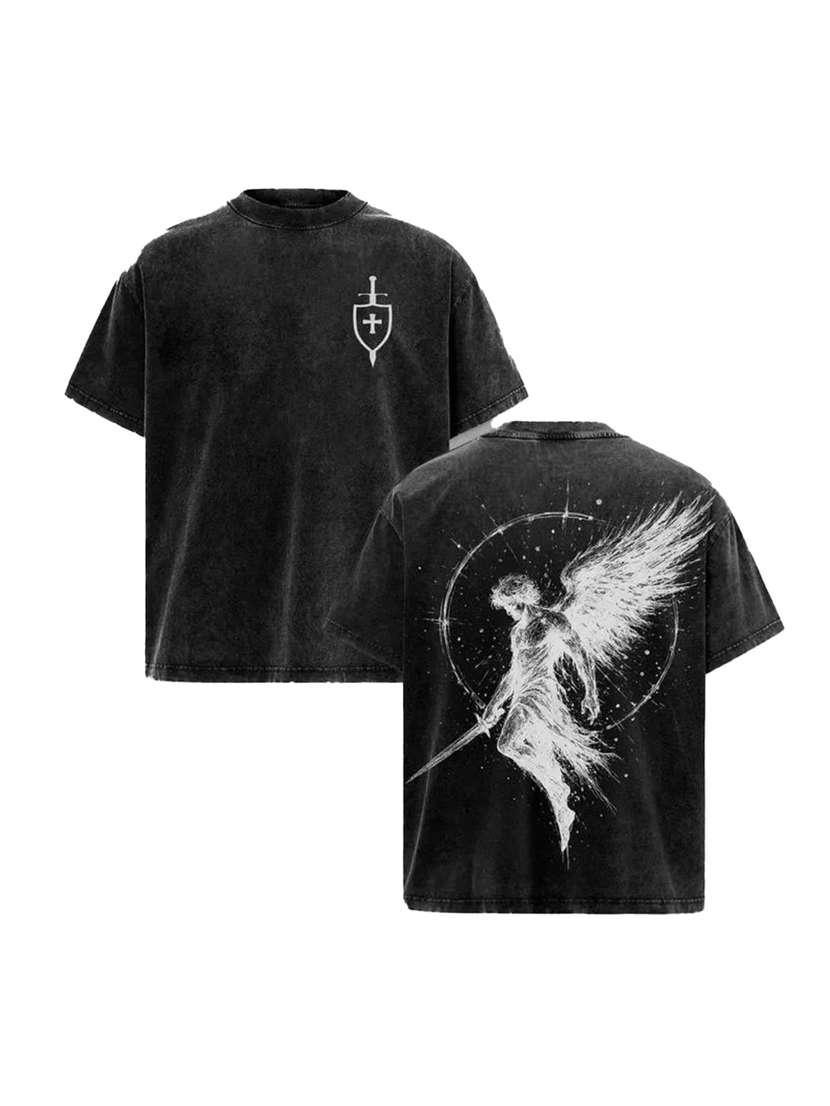 Men's Oversized Heavyweight T-Shirt Acid Wash Graphic Tee Heavyweight Cotton Streetwear Retro Angel Cross Print