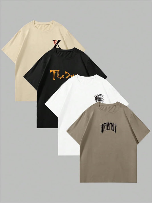VIPWOLF Men's 4 Piece Y2K Graphic Tees Shorts Sleeve Cool T-Shirts Top