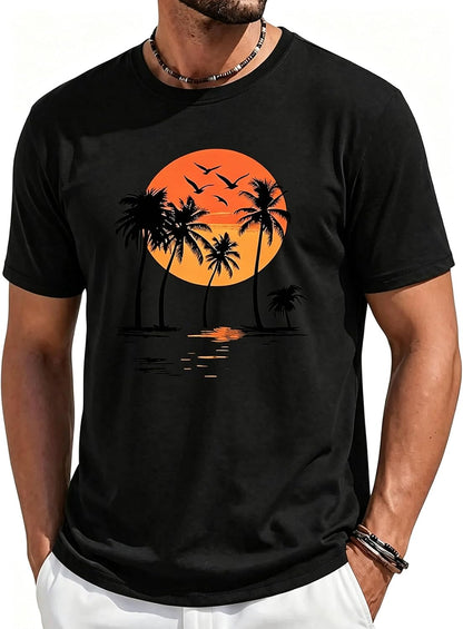Runcati Mens Short Sleeve T-Shirts Crewneck Graphic Palm Tree Printed Tees