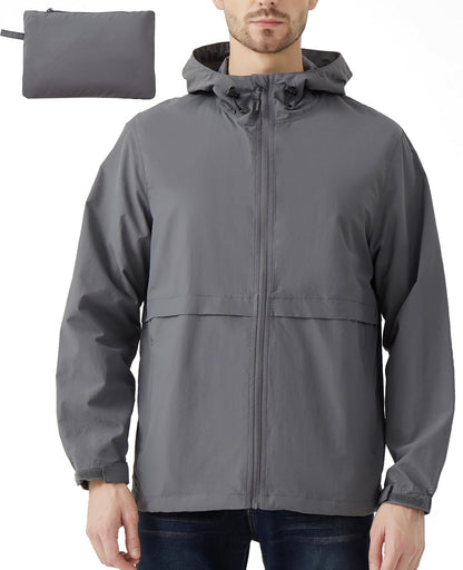Men's Lightweight Jacket Windbreaker Packable Hooded Raincoat for Hiking Outdoor with Zippered Pocket