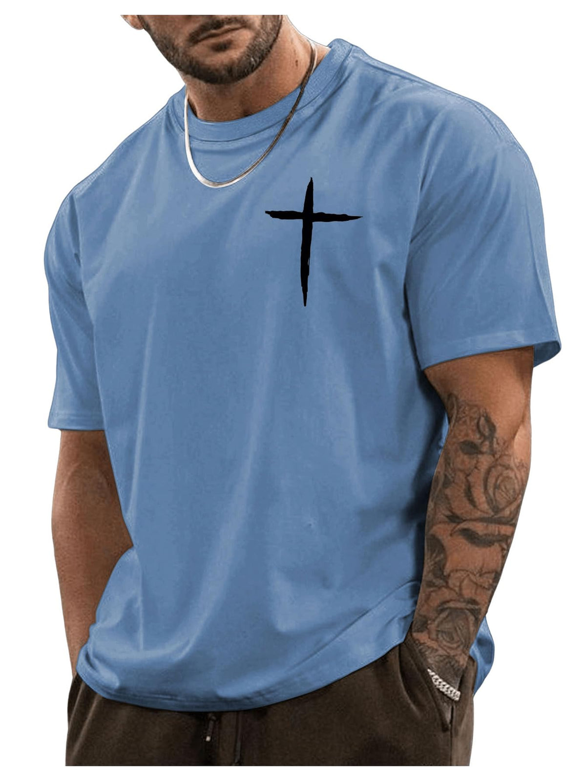 BEAUDRM Men's Plus Size Cross Graphic Tee Short Sleeve Regular Fit T Shirt