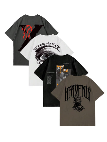 VIPWOLF Men's 4 Piece Y2K Graphic Tees Shorts Sleeve Cool T-Shirts Top