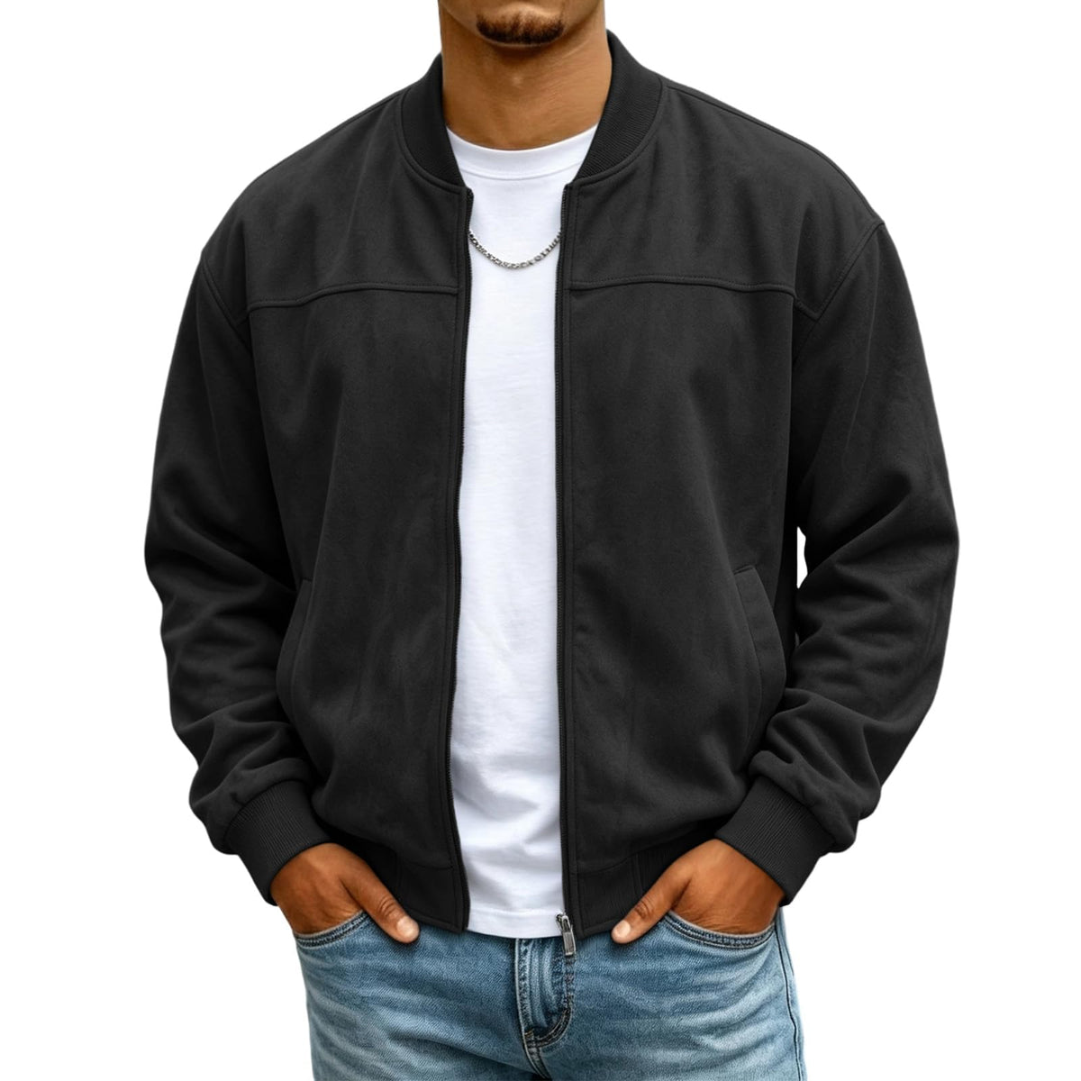 Mens Suede Jacket Stand Collar Warm Plush Zip Up Bomber Jacket with Pockets