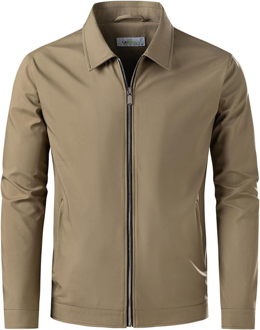 Men's Lightweight Casual Windbreaker Laydown Collar Zipper Pocket Coat Fall Spring Golf Work Dress Business