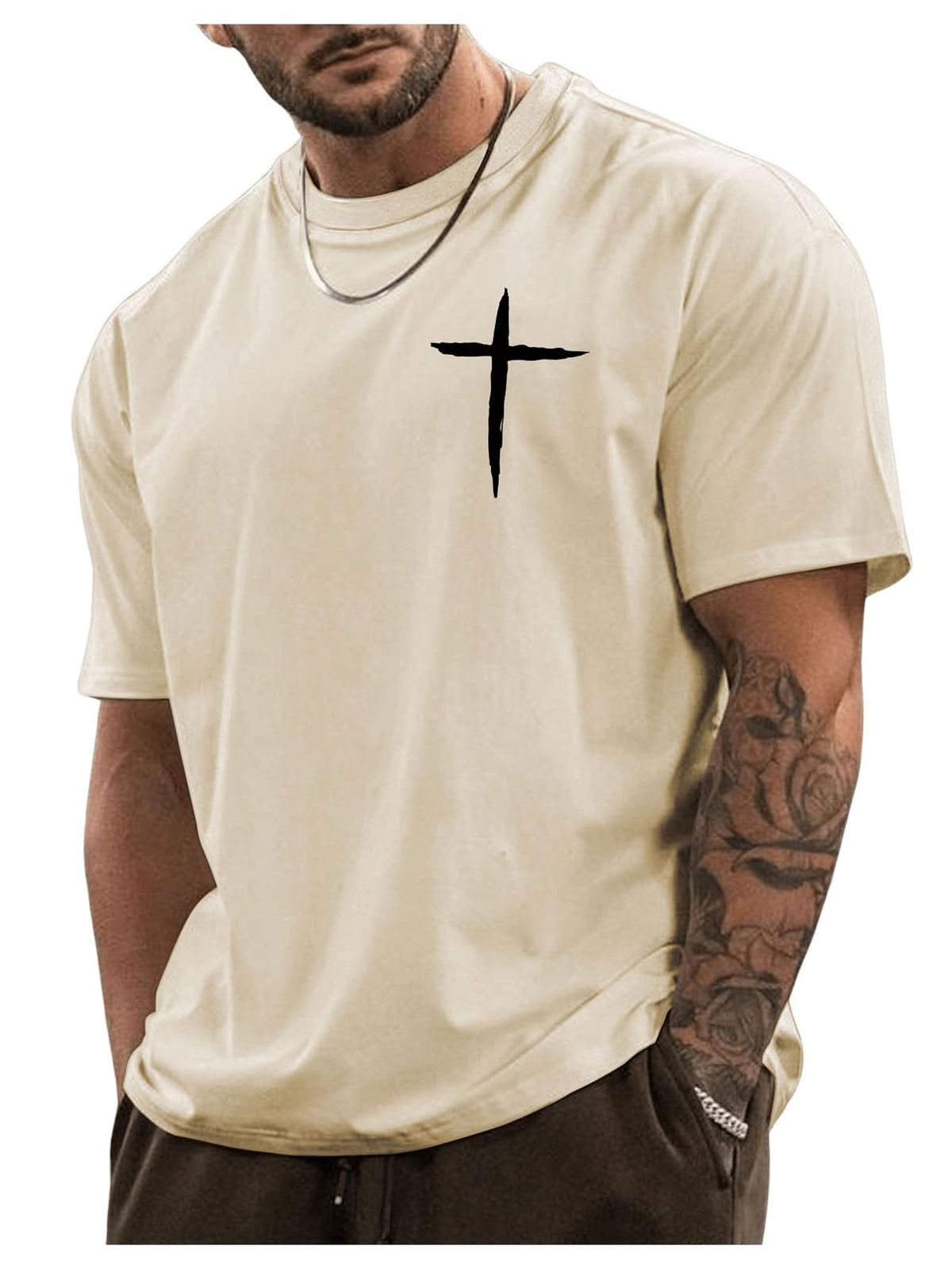 BEAUDRM Men's Plus Size Cross Graphic Tee Short Sleeve Regular Fit T Shirt