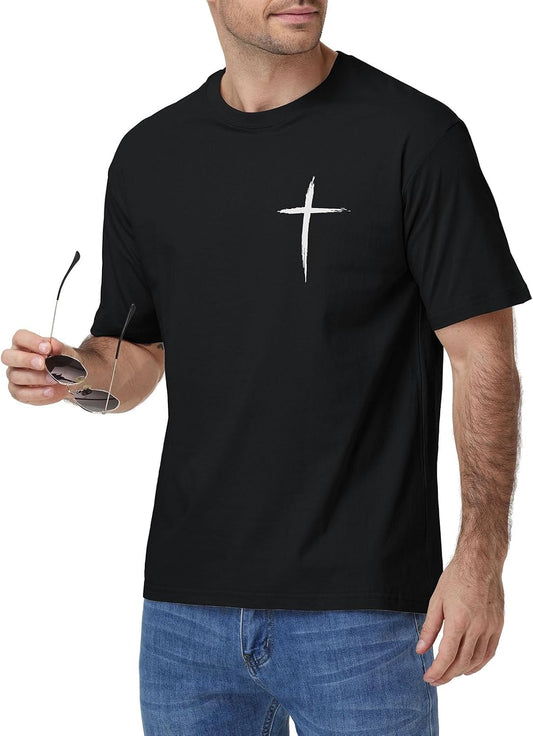 HOUZONIY Christian Tshirts for Men Cross Print Graphic Oversized Crewneck Jesus Faith Cotton Casual Short Sleeve Top Tee