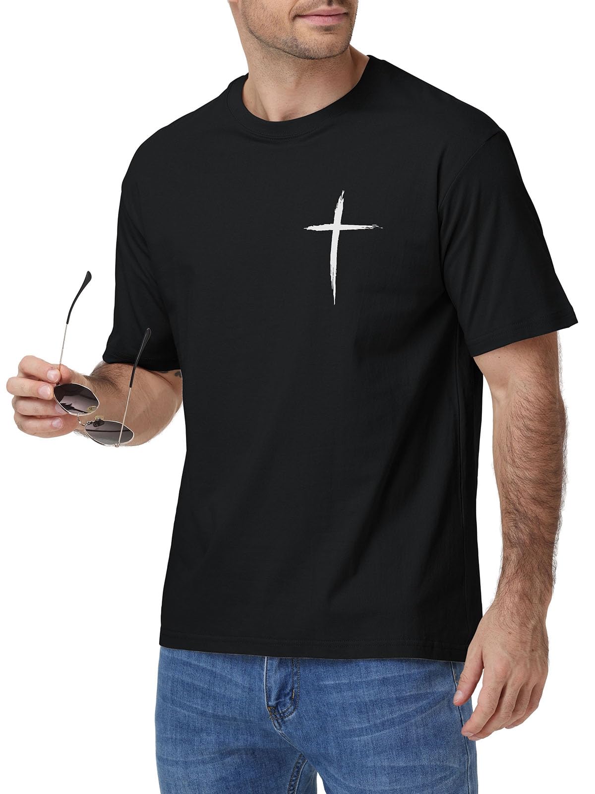 HOUZONIY Christian Tshirts for Men Cross Print Graphic Oversized Crewneck Jesus Faith Cotton Casual Short Sleeve Top Tee