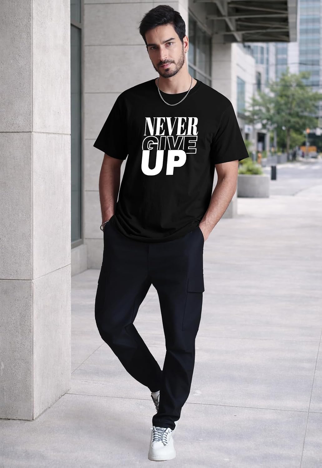 Aiyino Men's Never Give Up Tee – Bold Slogan Graphic