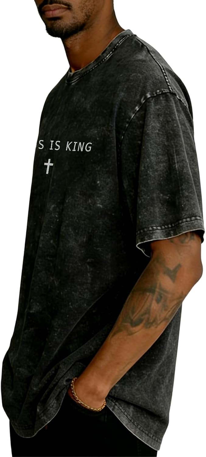 Jesus is King Cross T-Shirt Christian God Faith Shirt Casual Acid Washed Crew Neck Short Sleeve Oversized Graphic Tee