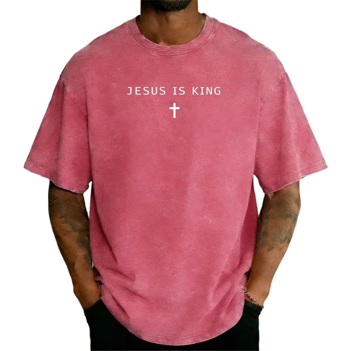 Jesus is King Cross T-Shirt Christian God Faith Shirt Casual Acid Washed Crew Neck Short Sleeve Oversized Graphic Tee