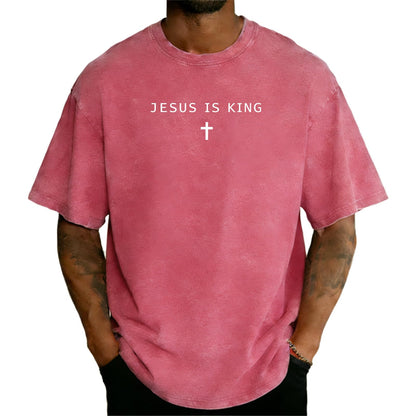 Jesus is King Cross T-Shirt Christian God Faith Shirt Casual Acid Washed Crew Neck Short Sleeve Oversized Graphic Tee