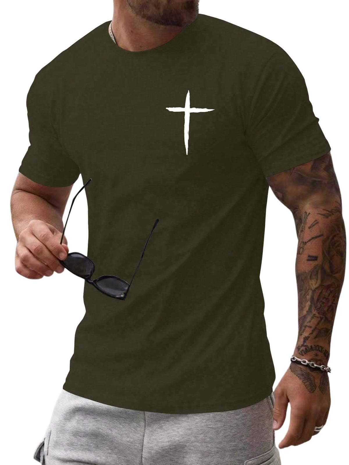 Floerns Men's Cross Print Short Sleeve T Shirt Crewneck Tee Shirts