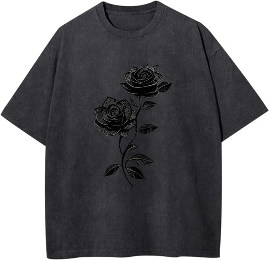 BeWithYou Mens Graphic T-Shirts Rose Floral Print Oversized Gothic Shirts Goth Shirt Vintage Grunge Tshirt Acid Wash Tee Tops