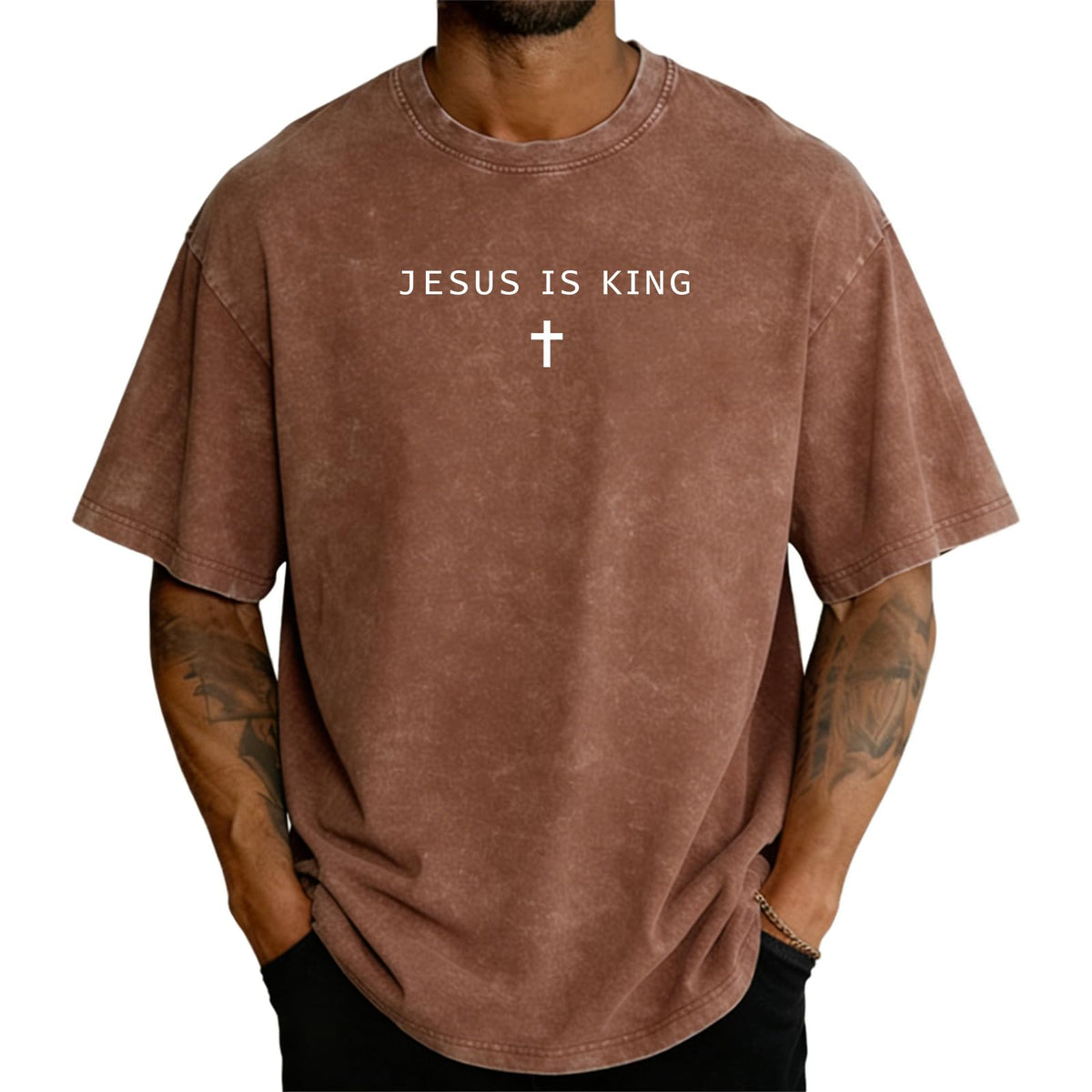 Jesus is King Cross T-Shirt Christian God Faith Shirt Casual Acid Washed Crew Neck Short Sleeve Oversized Graphic Tee