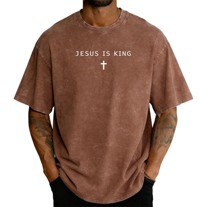 Jesus is King Cross T-Shirt Christian God Faith Shirt Casual Acid Washed Crew Neck Short Sleeve Oversized Graphic Tee