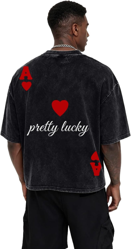 Fkatuzi Mens Cropped Graphic Tee Poker Ace of Hearts Shirt Oversized Boxy Tees Vintage Streetwear Crop Top Acid Wash Shirt