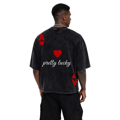 Fkatuzi Mens Cropped Graphic Tee Poker Ace of Hearts Shirt Oversized Boxy Tees Vintage Streetwear Crop Top Acid Wash Shirt