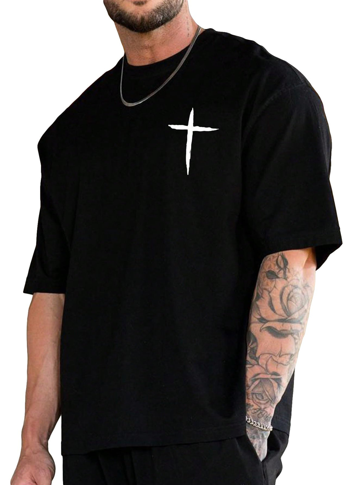 BEAUDRM Men's Plus Size Cross Graphic Tee Short Sleeve Regular Fit T Shirt