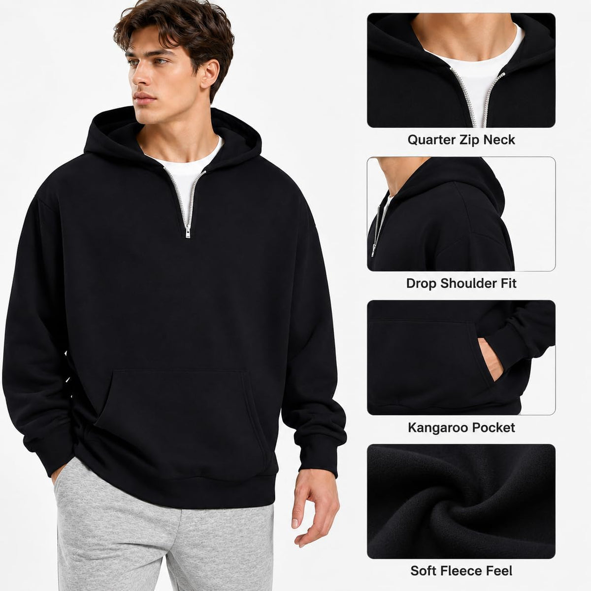 Men'S Quarter Zip Up Hoodies Fall Winter Jackets Drop Shoulder Sweatshirt