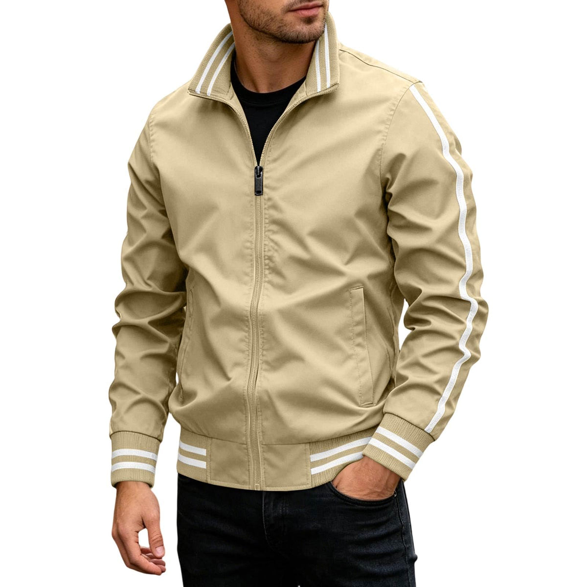 Men Bomber Jacket Windbreaker Lightweight Long Sleeve Zip Up Bomber Cardigan Waterproof Pocket Flight Coat Voyage