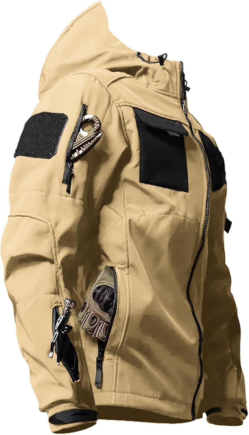 Men's Tactical Soft Shell Jacket Lightweight Water-Resistant Spring Fall Windbreaker Zip up Hooded Coat with Pockets