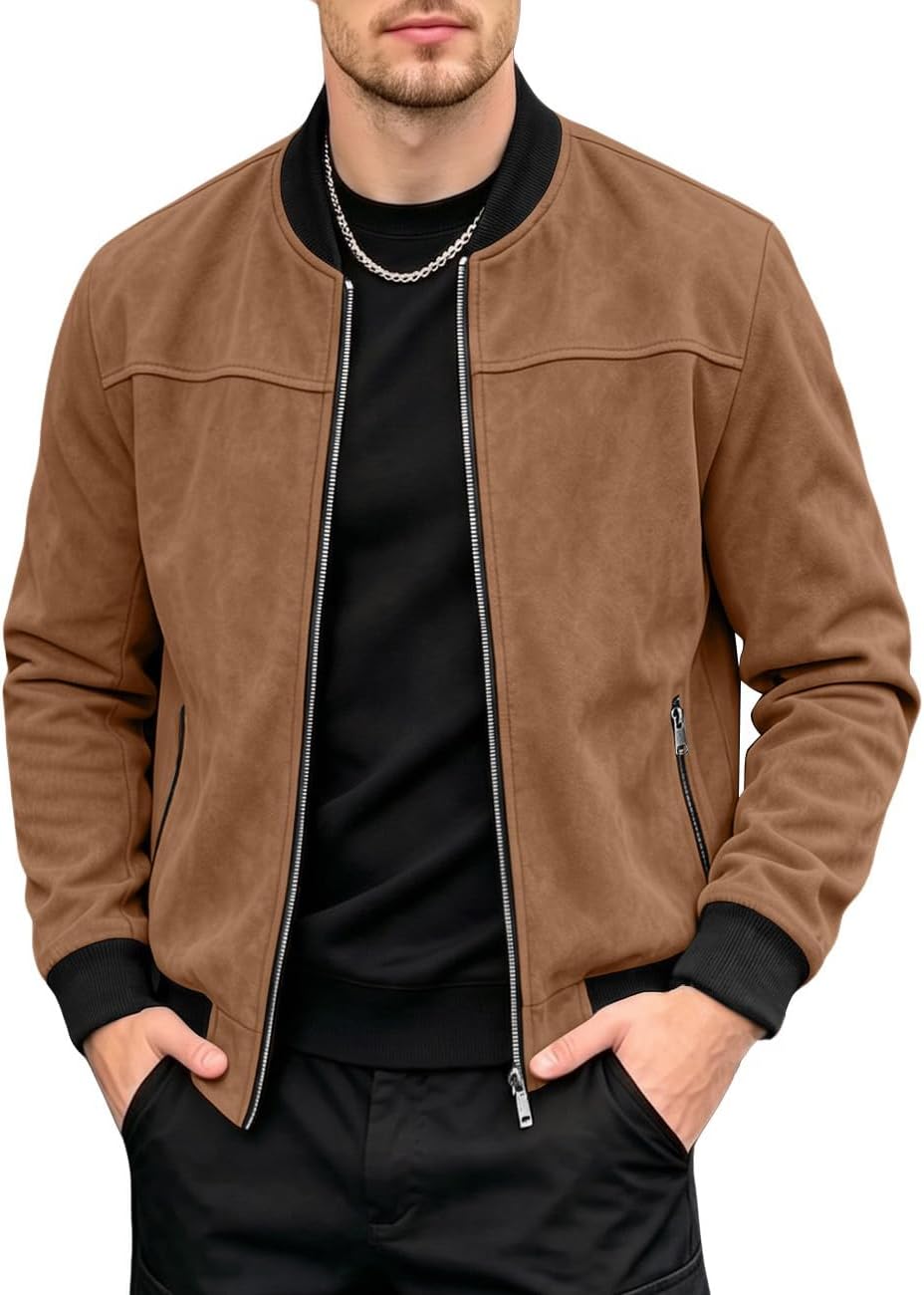 Men's Lightweight Suede Bomber Jackets Casual Full Zip Coat