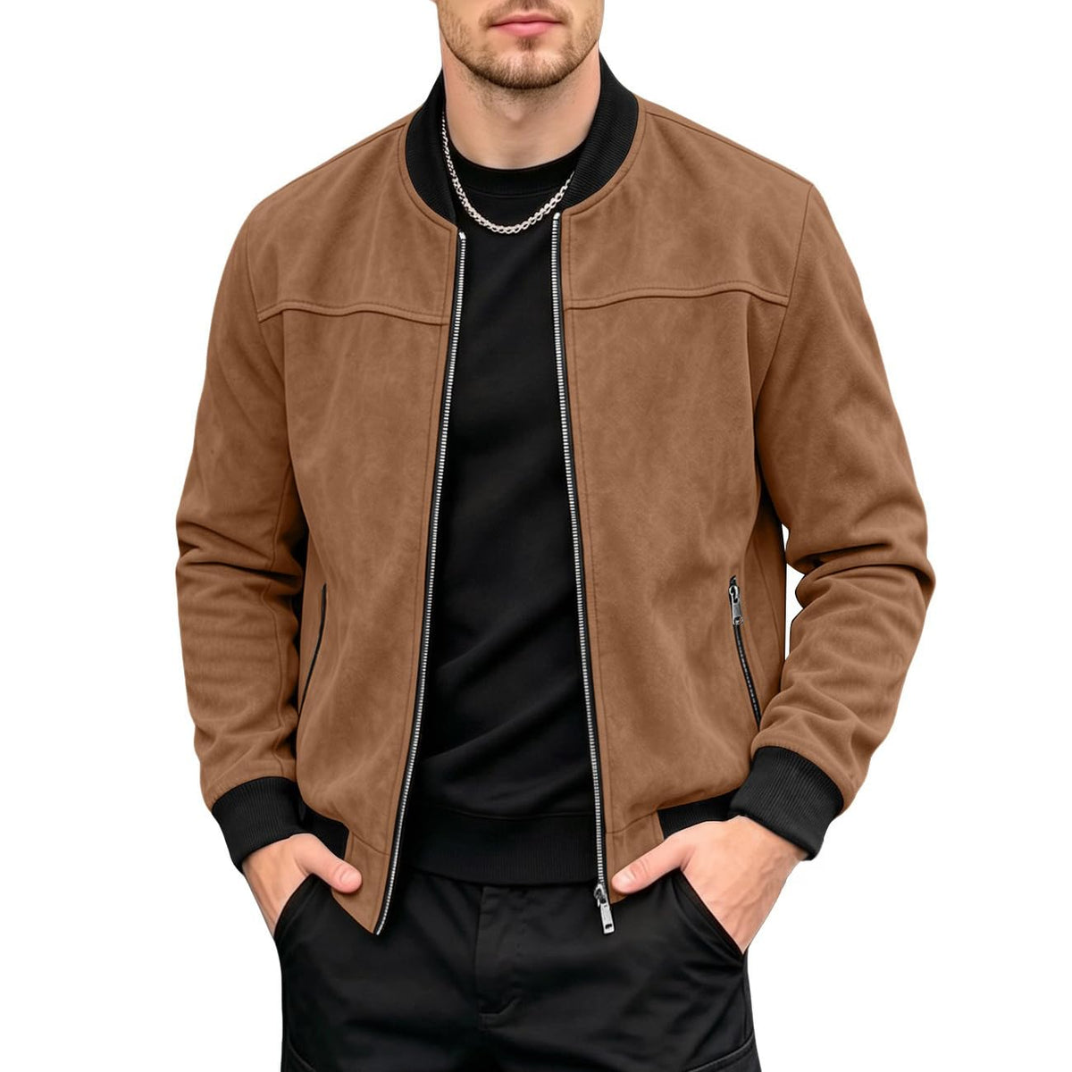 Men's Lightweight Suede Bomber Jackets Casual Full Zip Coat