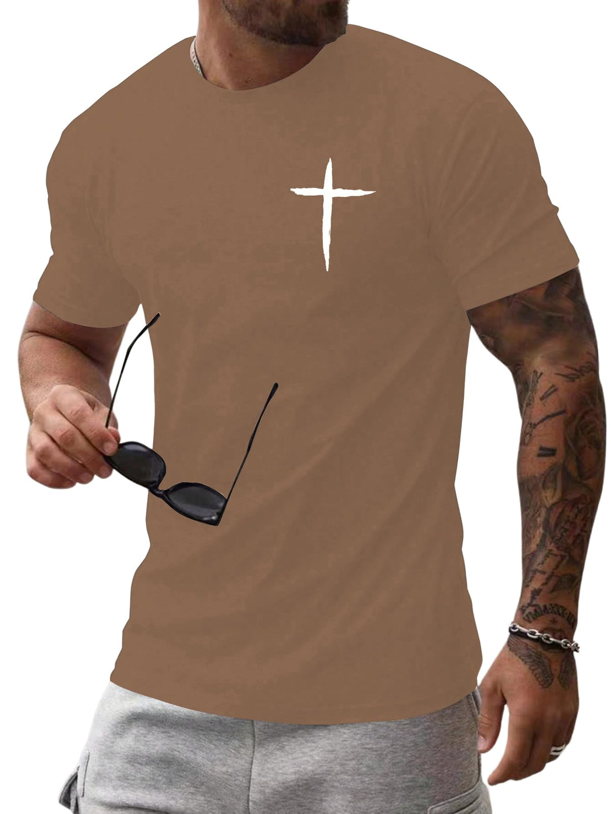 Floerns Men's Cross Print Short Sleeve T Shirt Crewneck Tee Shirts