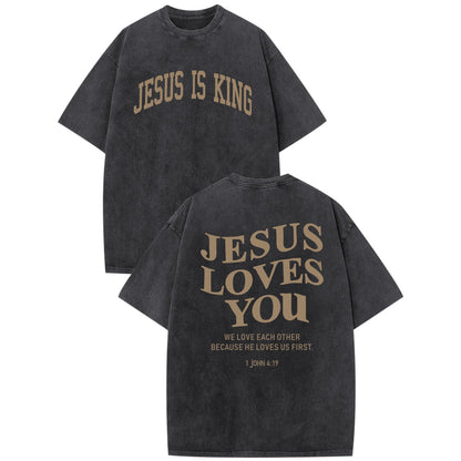 Mens Christian Shirts Jesus is King Love You Tshirt God Faith Religious Bible Verse Oversized Acid Wash Graphic Tees
