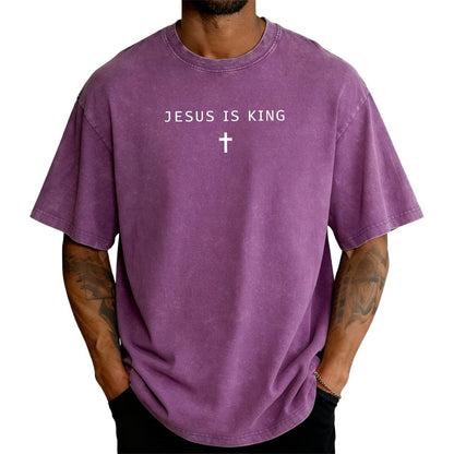 Jesus is King Cross T-Shirt Christian God Faith Shirt Casual Acid Washed Crew Neck Short Sleeve Oversized Graphic Tee