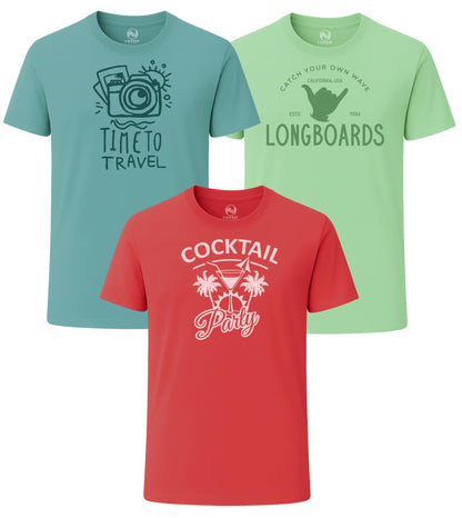 3 Pack Men's Graphic Short Sleeve Crewneck T-Shirts, 100% Cotton Casual Round Neck Printed Tees