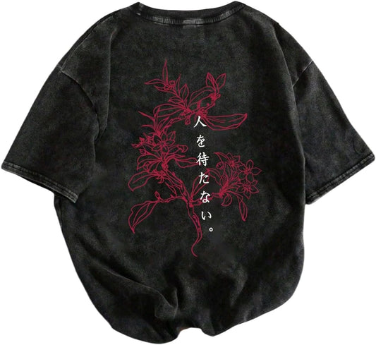 SHENHE Men's Vintage Washed T Shirt Japanses Graphic Tee Crew Neck Top