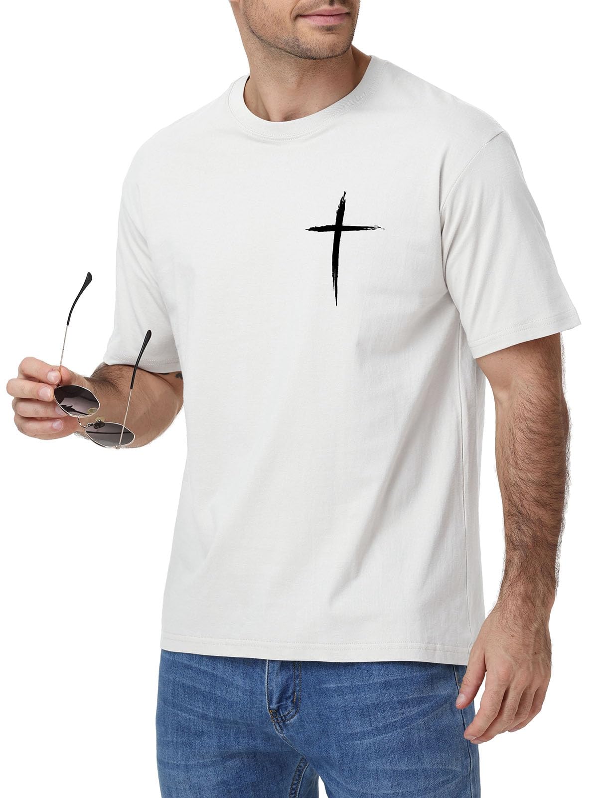 HOUZONIY Christian Tshirts for Men Cross Print Graphic Oversized Crewneck Jesus Faith Cotton Casual Short Sleeve Top Tee