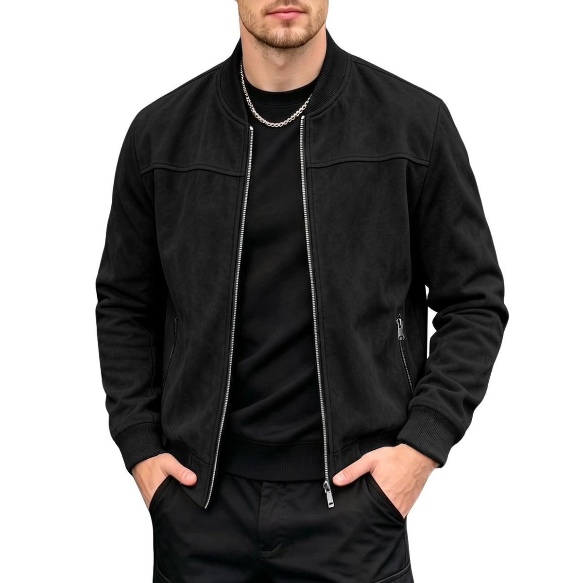 Men's Lightweight Suede Bomber Jackets Casual Full Zip Coat