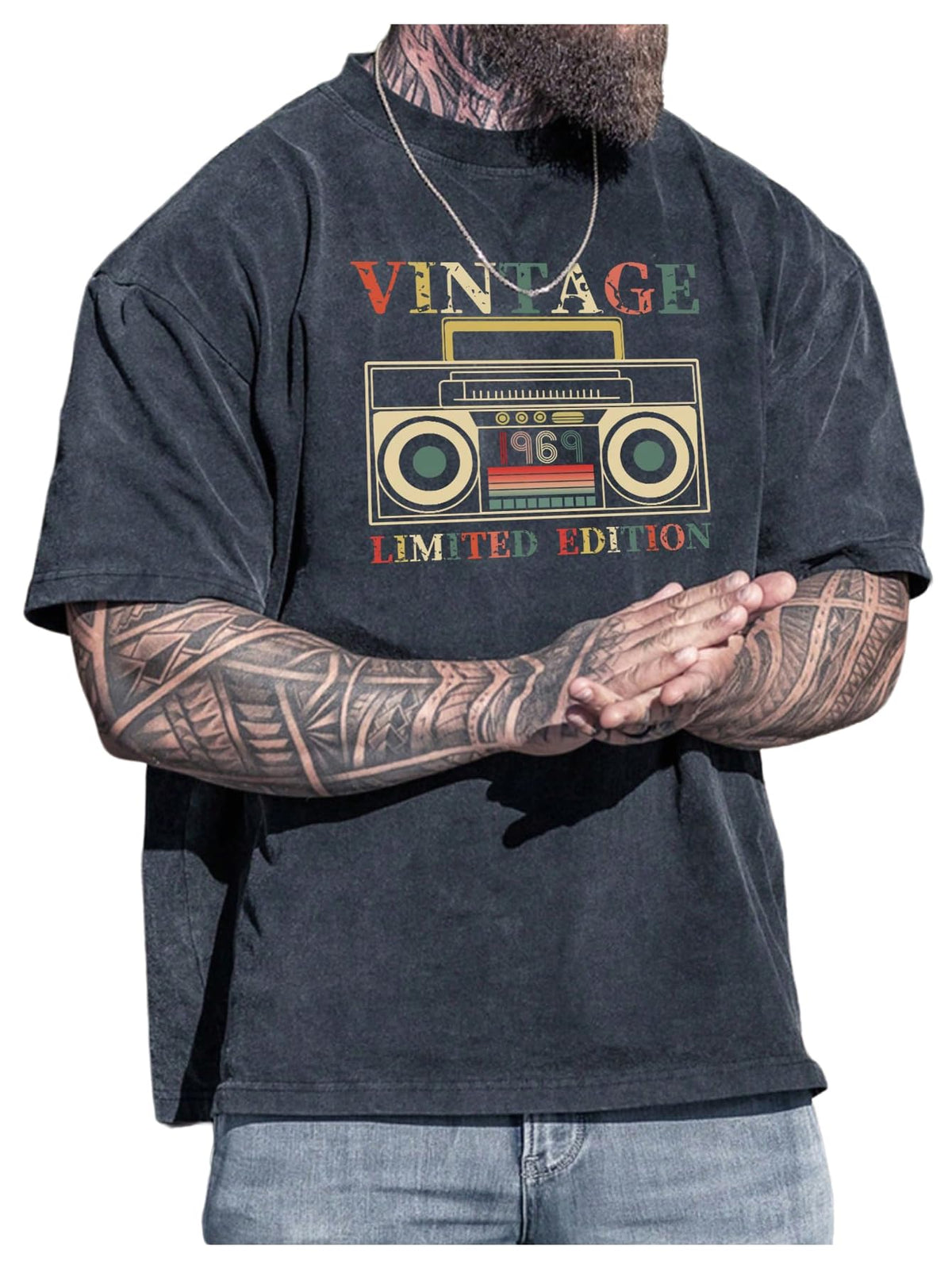 VIPWOLF Men's Graphic Vinatge Oversized Short Sleeve Tee Shirt