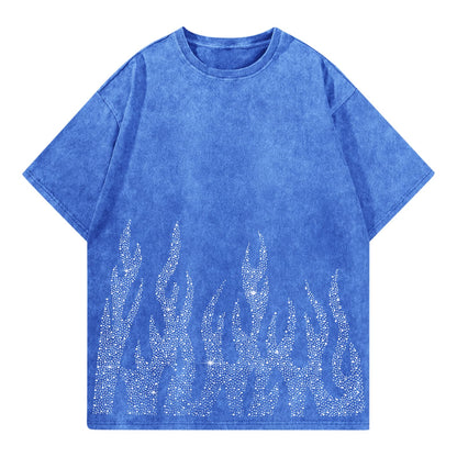 Tuislay Men's Oversized Graphic Tees Rhinestone Flame Shirt Streetwear Grunge Acid Wash Tshirt Baggy Vintage T Shirts Y2k Top