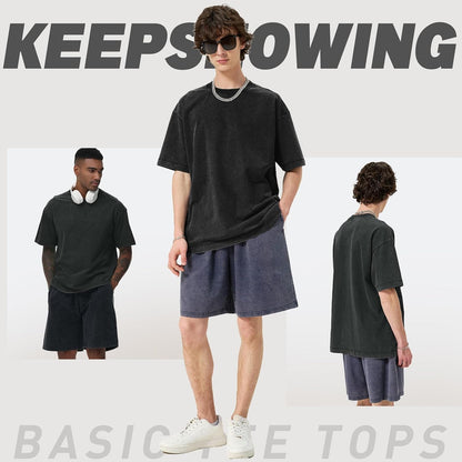 Men's Cotton T-Shirts Oversized Unisex Short Sleeves Casual Loose Wash Solid Basic Tee Tops