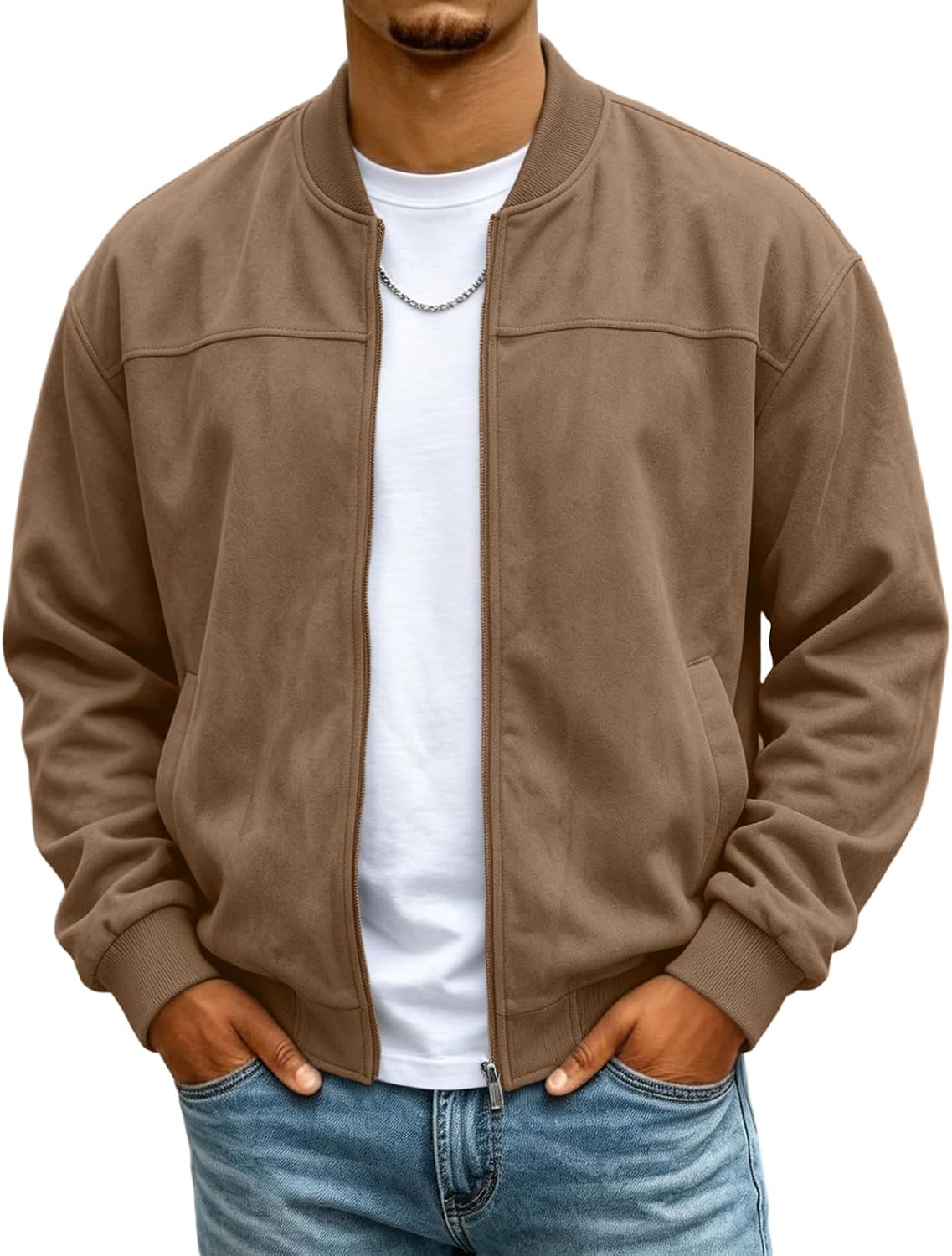 Mens Suede Jacket Stand Collar Warm Plush Zip Up Bomber Jacket with Pockets