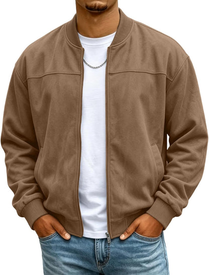 Mens Suede Jacket Stand Collar Warm Plush Zip Up Bomber Jacket with Pockets