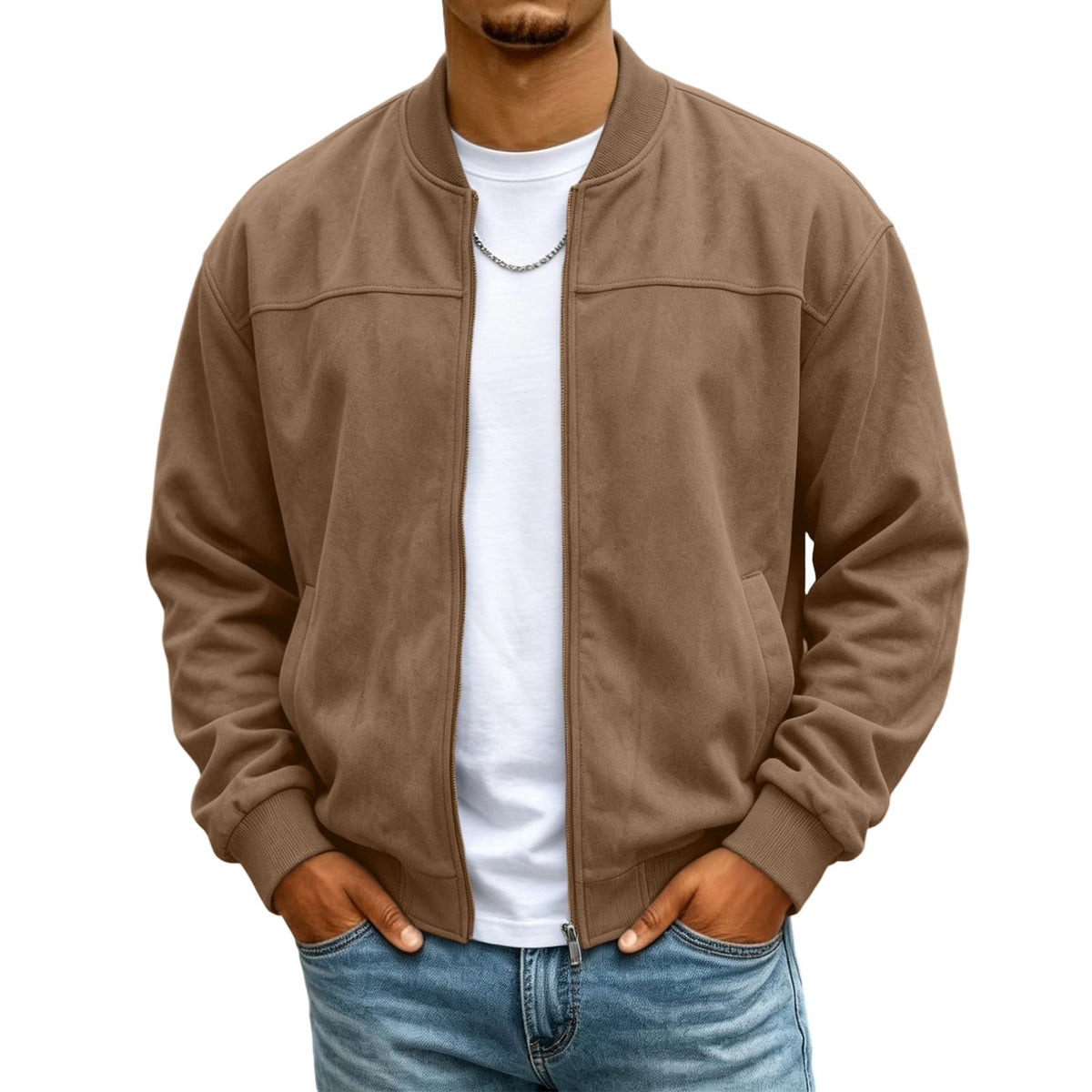 Mens Suede Jacket Stand Collar Warm Plush Zip Up Bomber Jacket with Pockets