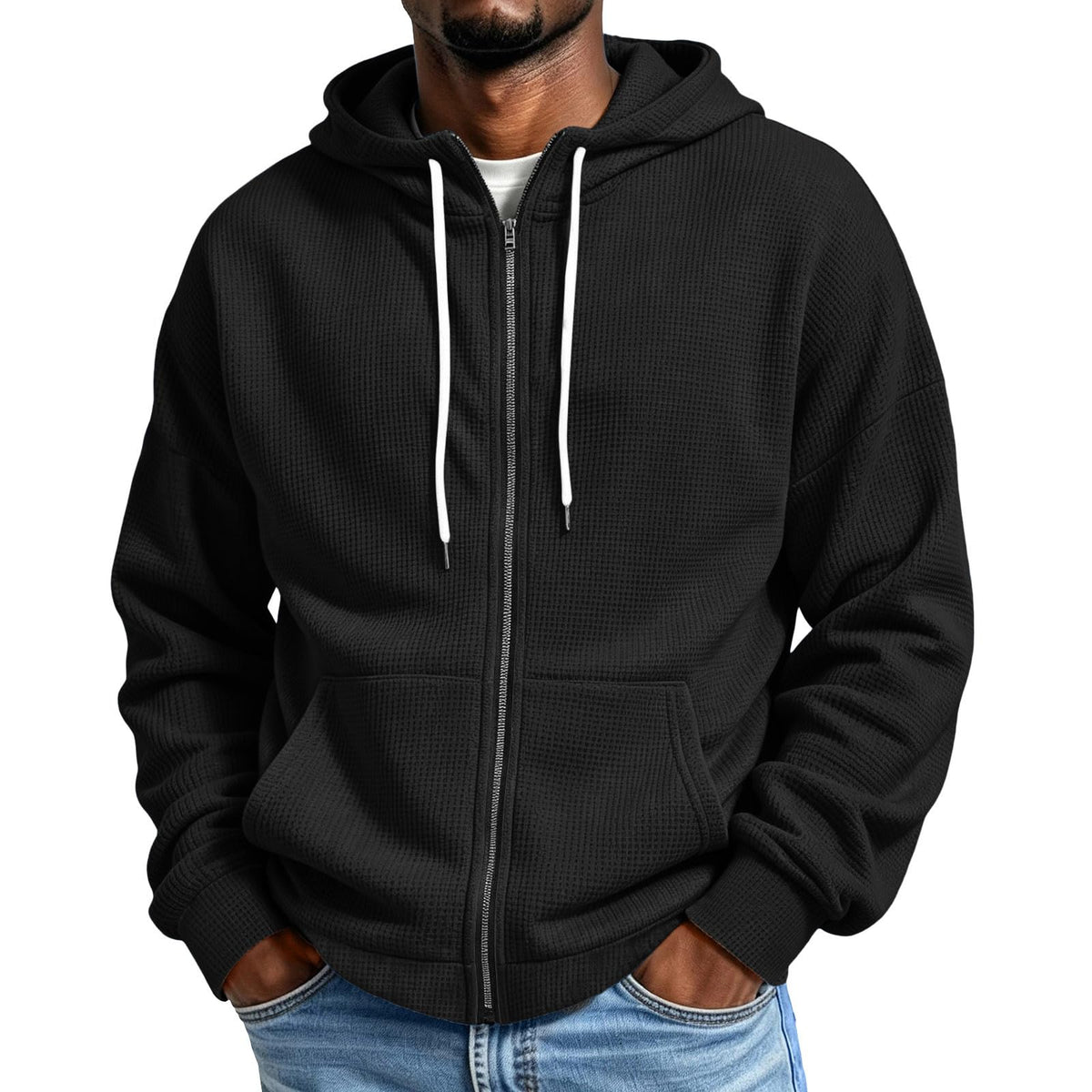 Waffle Hoodie Men Zip Up Athletic Casual Hooded Sweatshirts with Pockets