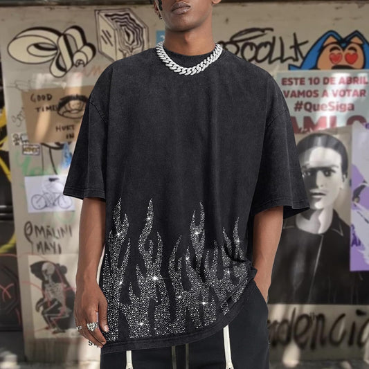 Tuislay Men's Oversized Graphic Tees Rhinestone Flame Shirt Streetwear Grunge Acid Wash Tshirt Baggy Vintage T Shirts Y2k Top