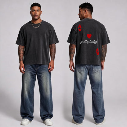 Fkatuzi Mens Cropped Graphic Tee Poker Ace of Hearts Shirt Oversized Boxy Tees Vintage Streetwear Crop Top Acid Wash Shirt