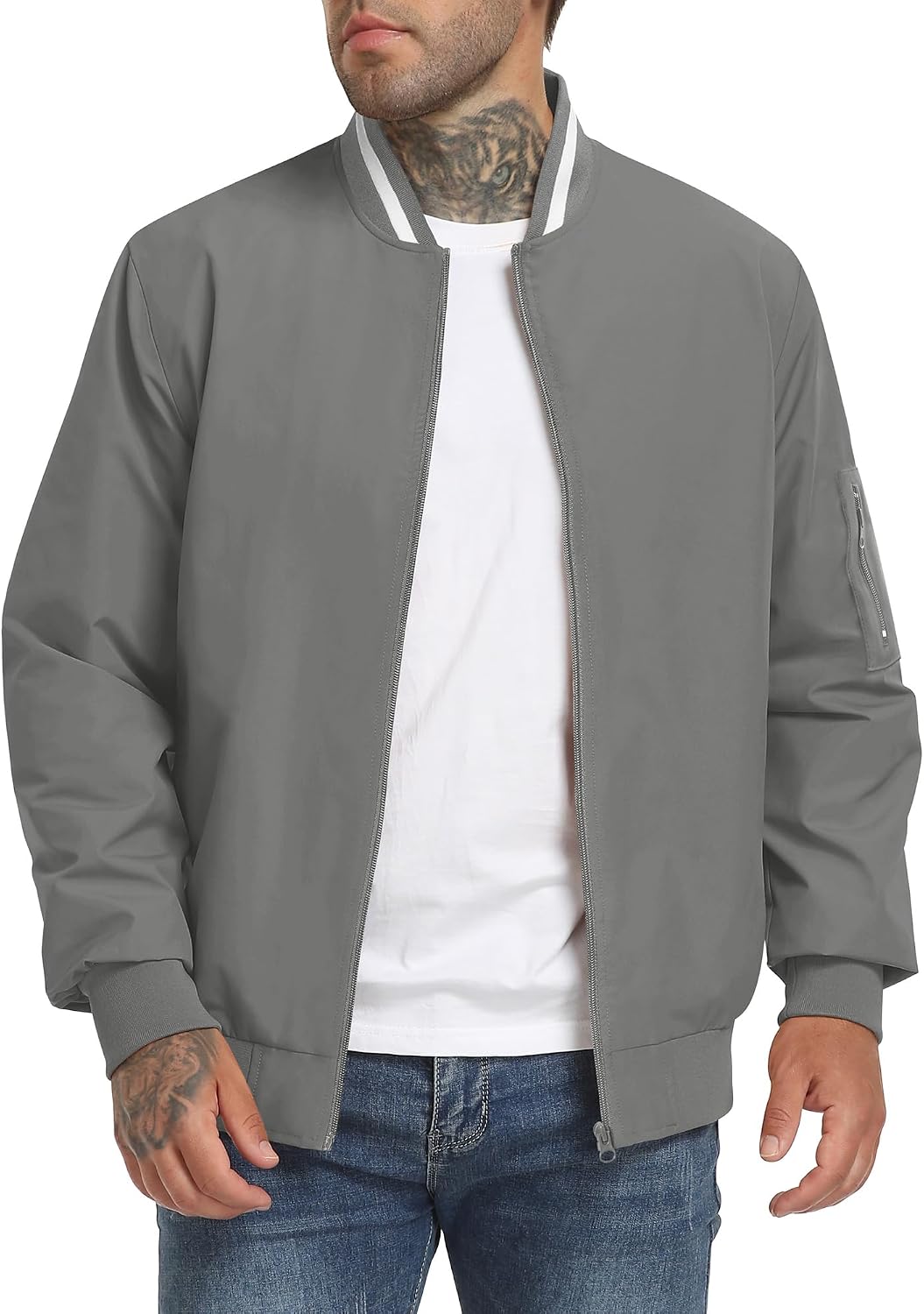 Mens Casual Lightweight Bomber Jackets Zipper Up Windproof Coat