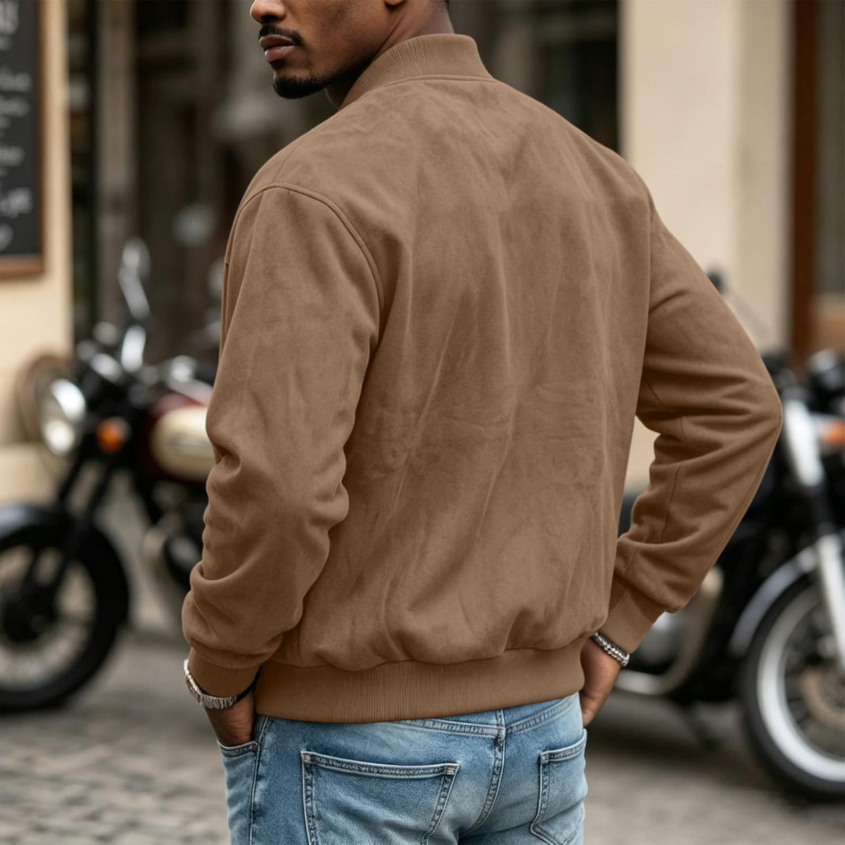 Mens Suede Jacket Stand Collar Warm Plush Zip Up Bomber Jacket with Pockets